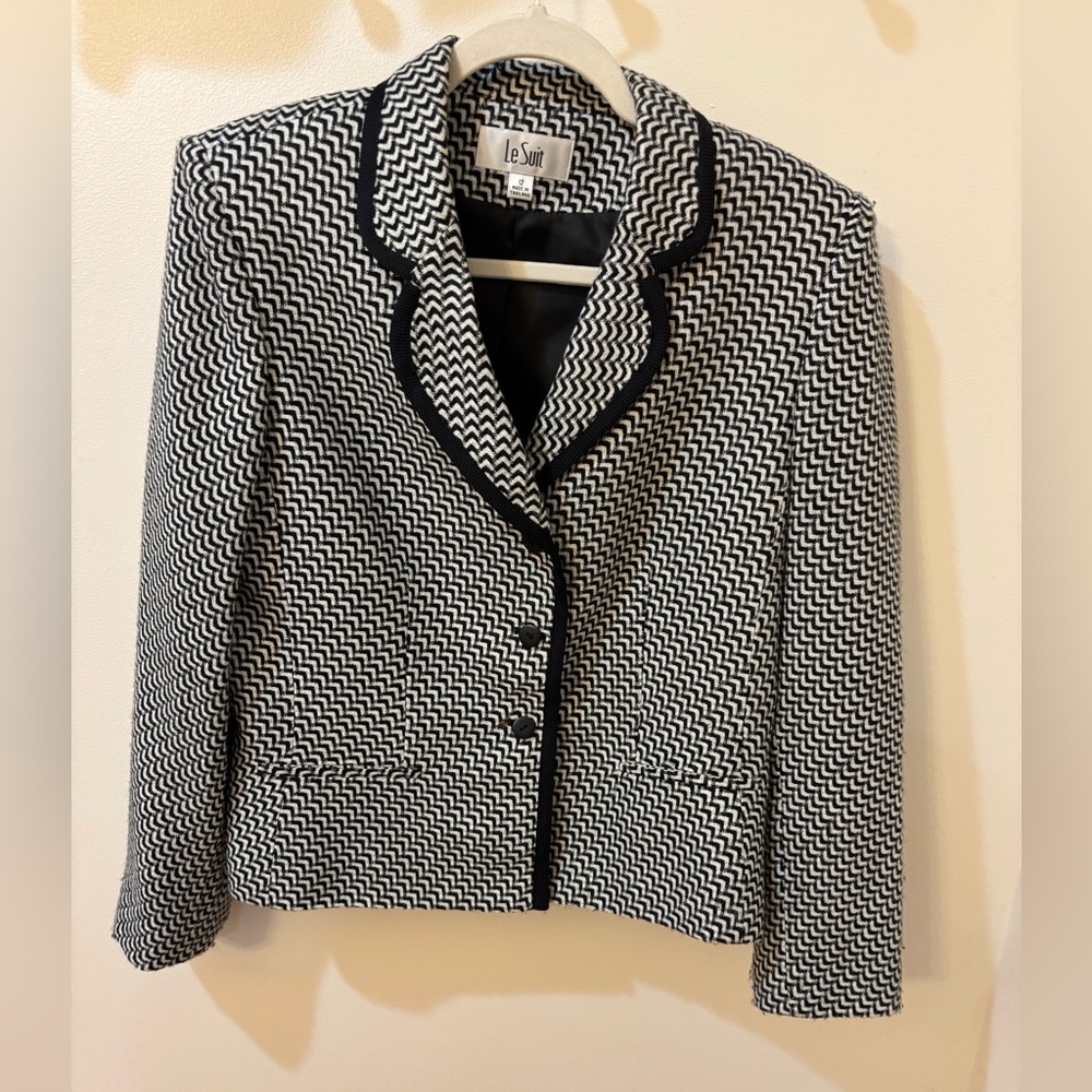 Le Suit Black White Herringbone Tweed Knit Jacket 12 EUC
